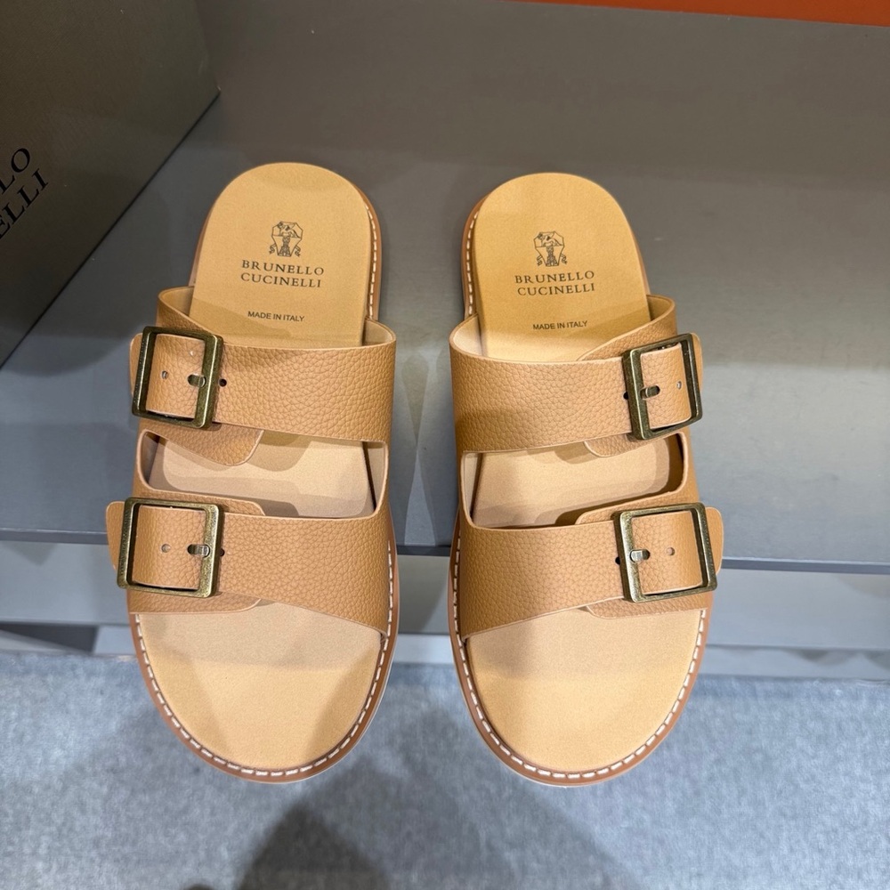 Brunello Cucinelli Beige-Tan Double Buckle Leather Slides - Picture 2 of 9
